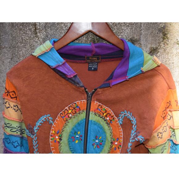 Rising International Rainbow Patchwork Hoodie Jacket Women’s Small Boho Festival - Picture 2 of 5